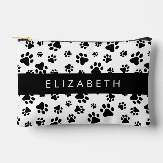 ポーパターン、犬の足、白黒、あなたの名前 アクセサリーポーチ (正面)