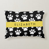 ポーパターン、犬の足、白黒、あなたの名前 アクセントクッション (正面)