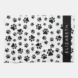 ポーパターン、犬の足、白黒、あなたの名前 キッチンタオル