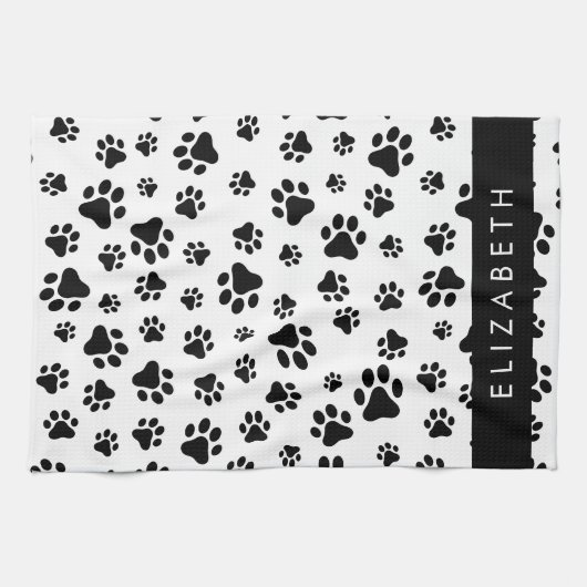 ポーパターン、犬の足、白黒、あなたの名前 キッチンタオル (横)