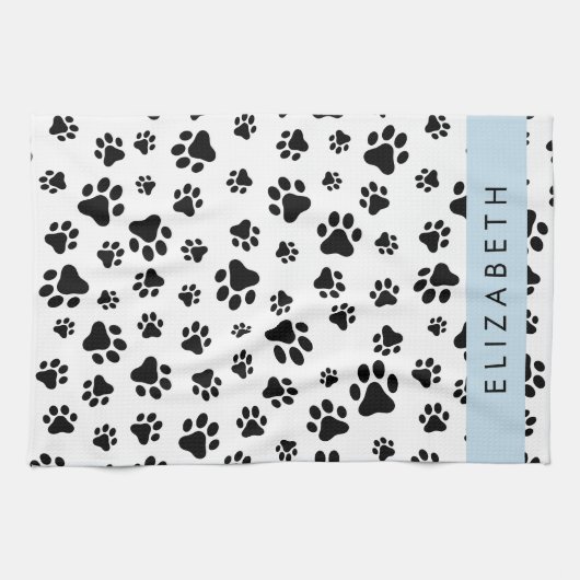 ポーパターン、犬の足、白黒、あなたの名前 キッチンタオル (横)