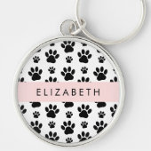 ポーパターン、犬の足、白黒、あなたの名前 キーホルダー (正面)