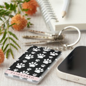 ポーパターン、犬の足、白黒、あなたの名前 キーホルダー (正面右)