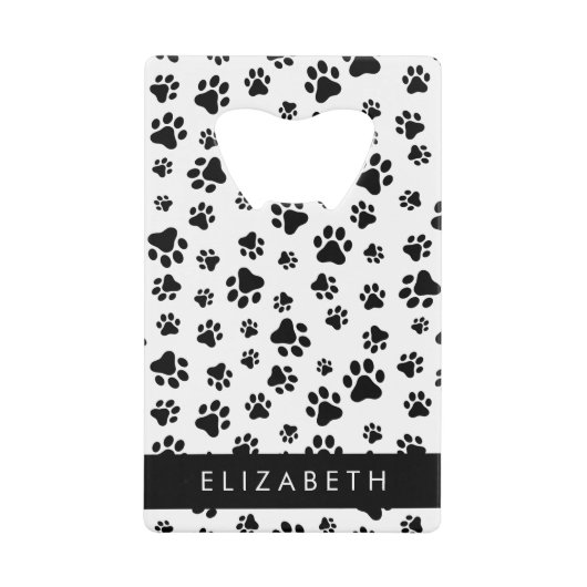 ポーパターン、犬の足、白黒、あなたの名前 クレジットカード栓抜き (正面)
