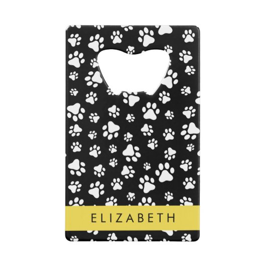ポーパターン、犬の足、白黒、あなたの名前 クレジットカード栓抜き (正面)