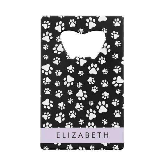 ポーパターン、犬の足、白黒、あなたの名前 クレジットカード栓抜き (正面)