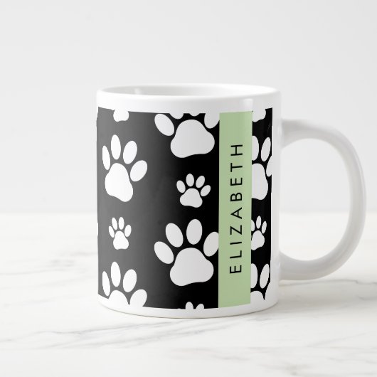 ポーパターン、犬の足、白黒、あなたの名前 ジャンボコーヒーマグカップ (右)