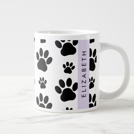 ポーパターン、犬の足、白黒、あなたの名前 ジャンボコーヒーマグカップ (右)