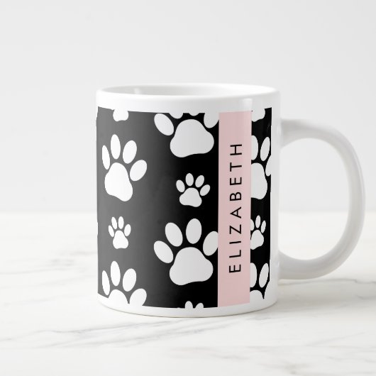 ポーパターン、犬の足、白黒、あなたの名前 ジャンボコーヒーマグカップ (右)