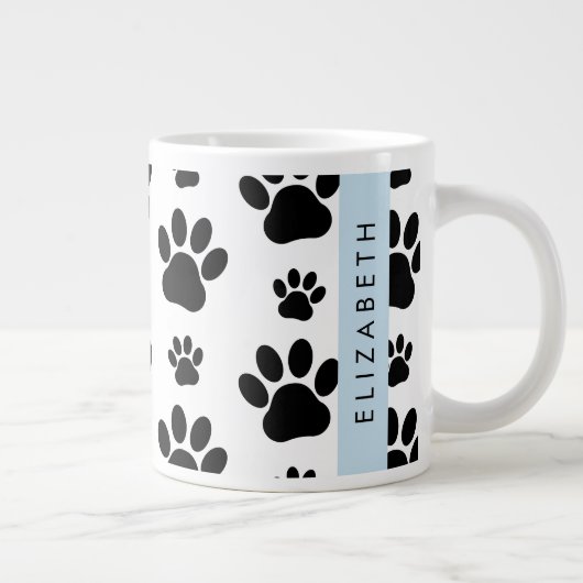 ポーパターン、犬の足、白黒、あなたの名前 ジャンボコーヒーマグカップ (右)