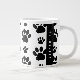 ポーパターン、犬の足、白黒、あなたの名前 ジャンボコーヒーマグカップ