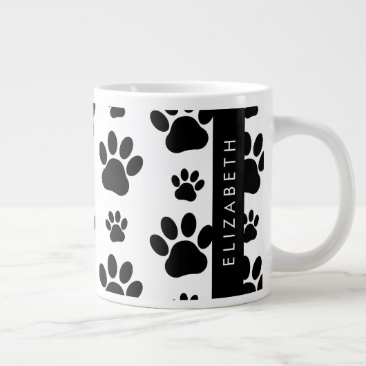 ポーパターン、犬の足、白黒、あなたの名前 ジャンボコーヒーマグカップ (右)