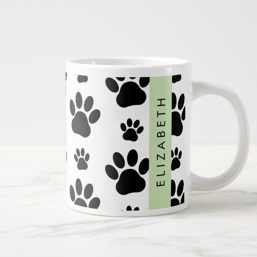ポーパターン、犬の足、白黒、あなたの名前 ジャンボコーヒーマグカップ (右)