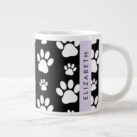 ポーパターン、犬の足、白黒、あなたの名前 ジャンボコーヒーマグカップ (右)