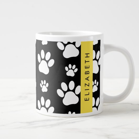 ポーパターン、犬の足、白黒、あなたの名前 ジャンボコーヒーマグカップ (右)