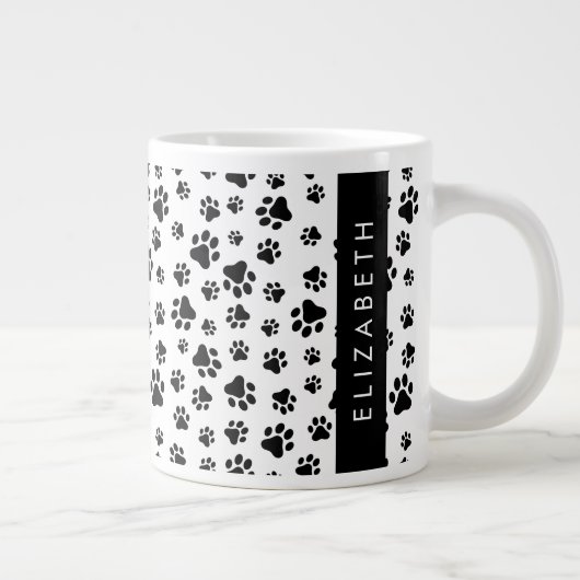 ポーパターン、犬の足、白黒、あなたの名前 ジャンボコーヒーマグカップ (右)