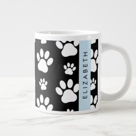 ポーパターン、犬の足、白黒、あなたの名前 ジャンボコーヒーマグカップ
