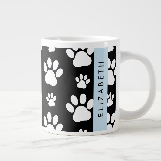 ポーパターン、犬の足、白黒、あなたの名前 ジャンボコーヒーマグカップ (右)