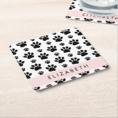 ポーパターン、犬の足、白黒、あなたの名前 スクエアペーパーコースター (アングル)