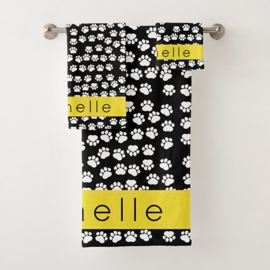 ポーパターン、犬の足、白黒、あなたの名前 バスタオルセット (インサイチュ)