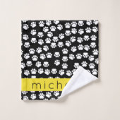 ポーパターン、犬の足、白黒、あなたの名前 バスタオルセット (ウォッシュタオル)