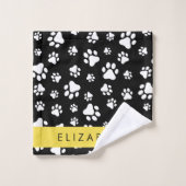 ポーパターン、犬の足、白黒、あなたの名前 バスタオルセット (ウォッシュタオル)