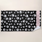 ポーパターン、犬の足、白黒、あなたの名前 ビーチタオル (正面)