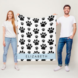 ポーパターン、犬の足、白黒、あなたの名前 フリースブランケット