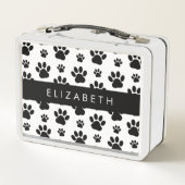 ポーパターン、犬の足、白黒、あなたの名前 メタルランチボックス (裏面)
