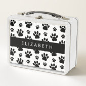ポーパターン、犬の足、白黒、あなたの名前 メタルランチボックス (正面)