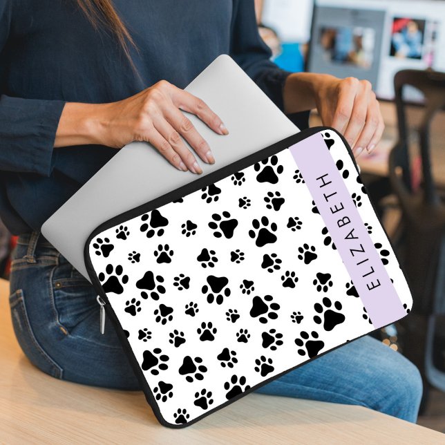 ポーパターン、犬の足、白黒、あなたの名前 ラップトップスリーブ (クリエイターアップロード済み)