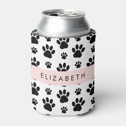 ポーパターン、犬の足、白黒、あなたの名前 缶クーラー (缶正面)