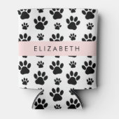 ポーパターン、犬の足、白黒、あなたの名前 缶クーラー (正面)