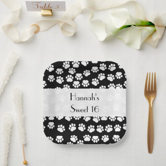 ポーパターン、犬の足、白黒、甘い16 ペーパープレート (ウェディング)