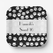 ポーパターン、犬の足、白黒、甘い16 ペーパープレート (正面)
