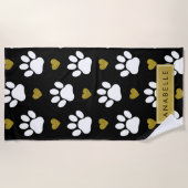 ポーパターン、白い足、金ゴールドハート、名前 ビーチタオル (正面)