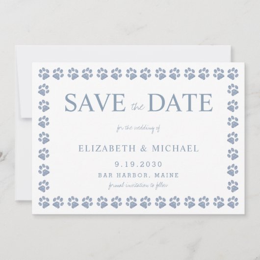 ポープリントダスティブルーグリッターウェディング日付を保存 招待状 (正面)