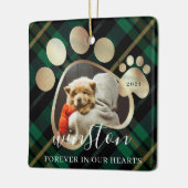 ポープリントペットフォトグリーンプレイドペット名記念 セラミックオーナメント (左)