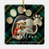 ポープリントペットフォトグリーンプレイドペット名記念 セラミックオーナメント (正面)