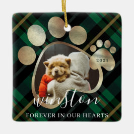 ポープリントペットフォトグリーンプレイドペット名記念 セラミックオーナメント