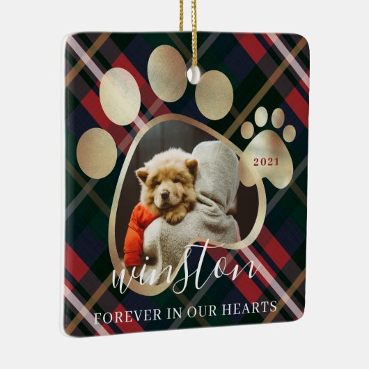 ポープリントペットフォトレッドプレイドペット名記念 セラミックオーナメント (右)