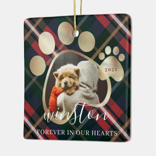 ポープリントペットフォトレッドプレイドペット名記念 セラミックオーナメント (左)
