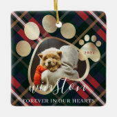 ポープリントペットフォトレッドプレイドペット名記念 セラミックオーナメント (正面)