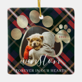 ポープリントペットフォトレッドプレイドペット名記念 セラミックオーナメント