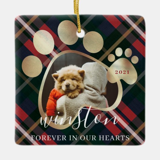 ポープリントペットフォトレッドプレイドペット名記念 セラミックオーナメント (正面)