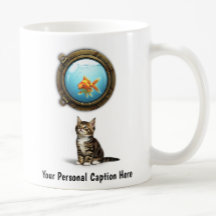 ポーホールの中の好奇心の猫と金魚