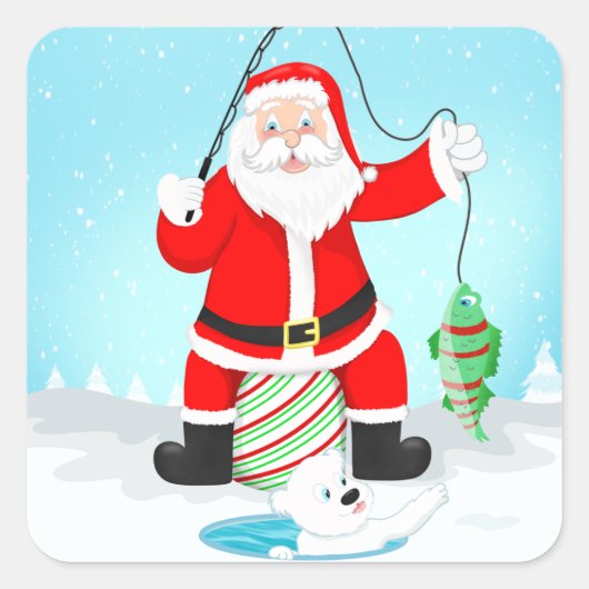 ポーラおもしろいクマ付きサンタアイス魚釣り スクエアシール (正面)