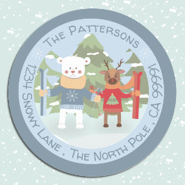 ポーラベアとトナカイのブルー封筒用シール ラウンドシール