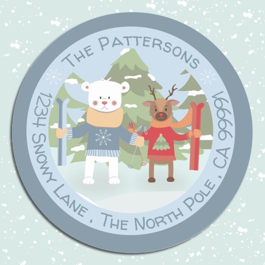 ポーラベアとトナカイのブルー封筒用シール ラウンドシール