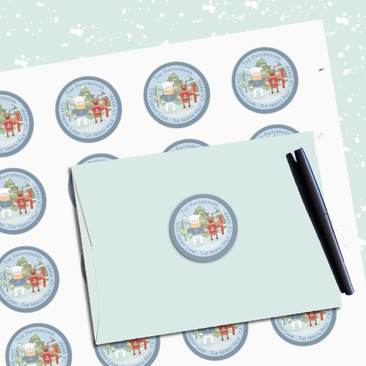 ポーラベアとトナカイのブルー封筒用シール ラウンドシール